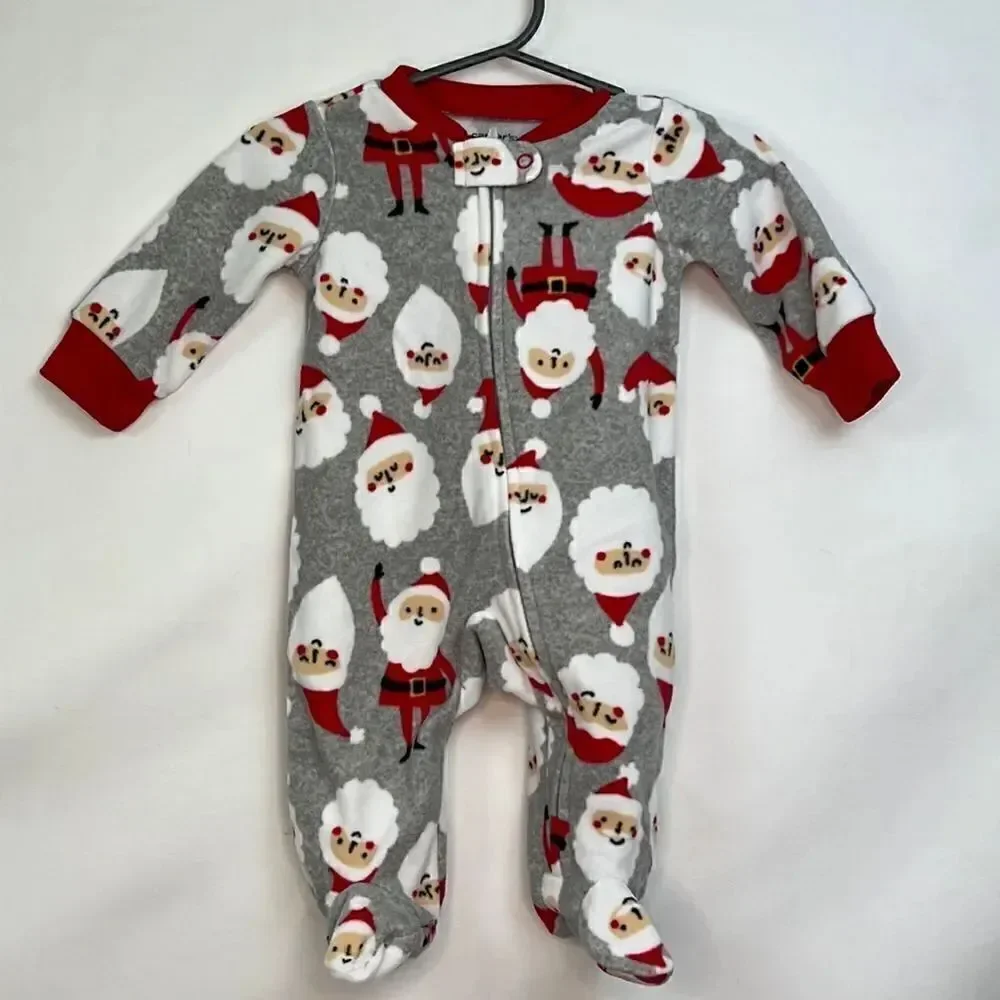 Carter’s Plush Santa Grey and red flannel sleeper Pajamas size 3 months EUC